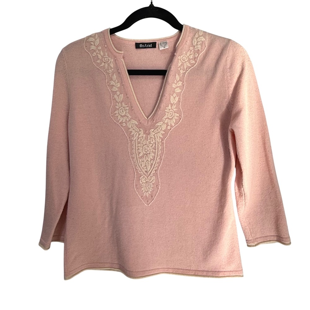Astrid Women's Pink 100% Cashmere V Neck Embroidered Sweater‎ Size M work office